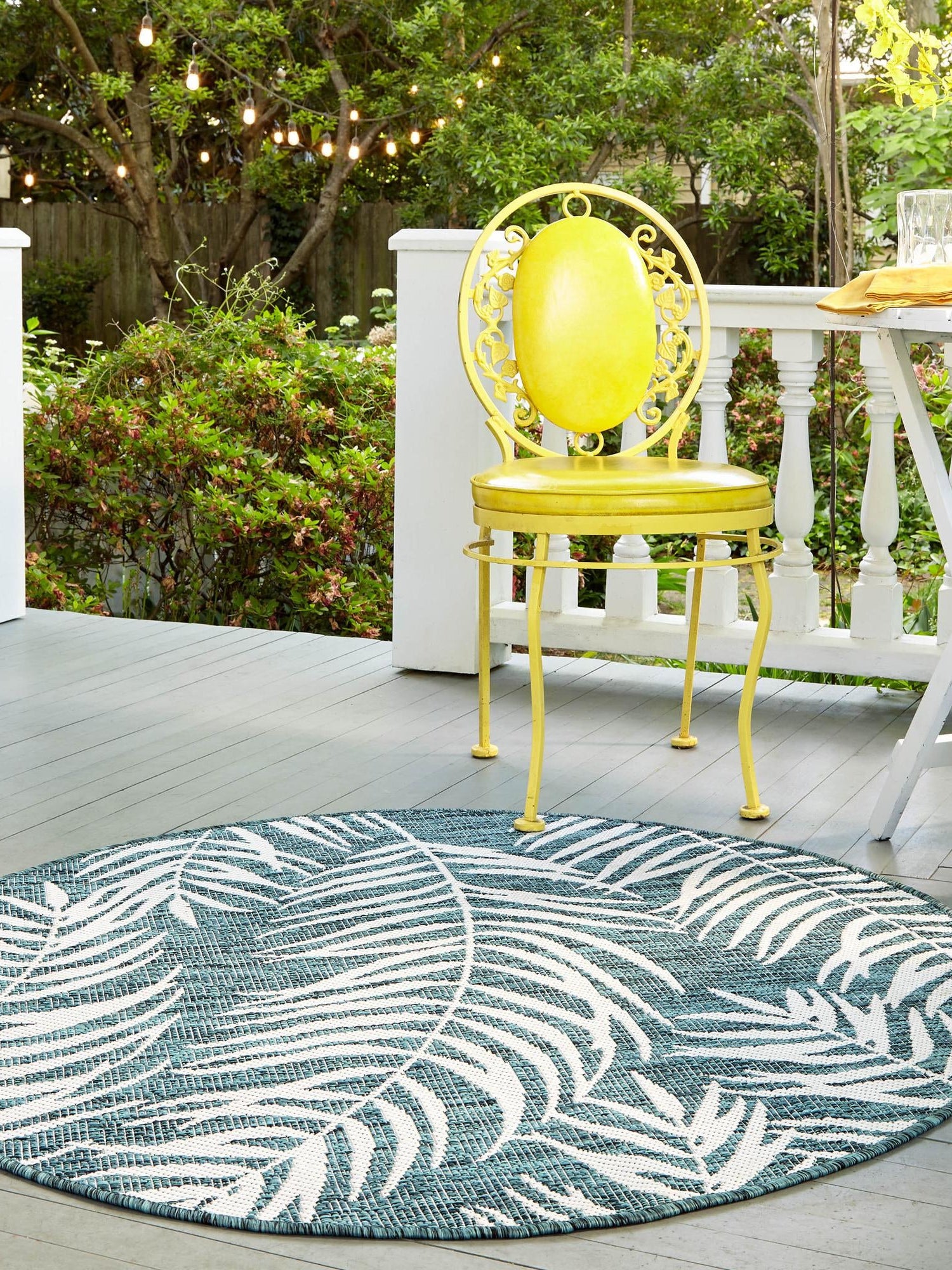 Teal 13' 1 x 13' 1 Outdoor Botanical Round Area Rug Weather Resistant for Patio, Deck, Terrace, Balcony, Porch Polypropylene Garden Floral Tropical Carpet for Sale at Rug Engine