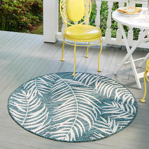 Teal 6' 1 x 6' 1 Outdoor Botanical Round Area Rug Weather Resistant for Patio, Deck, Terrace, Balcony, Porch Polypropylene Garden Floral Tropical Carpet for Sale at Rug Engine