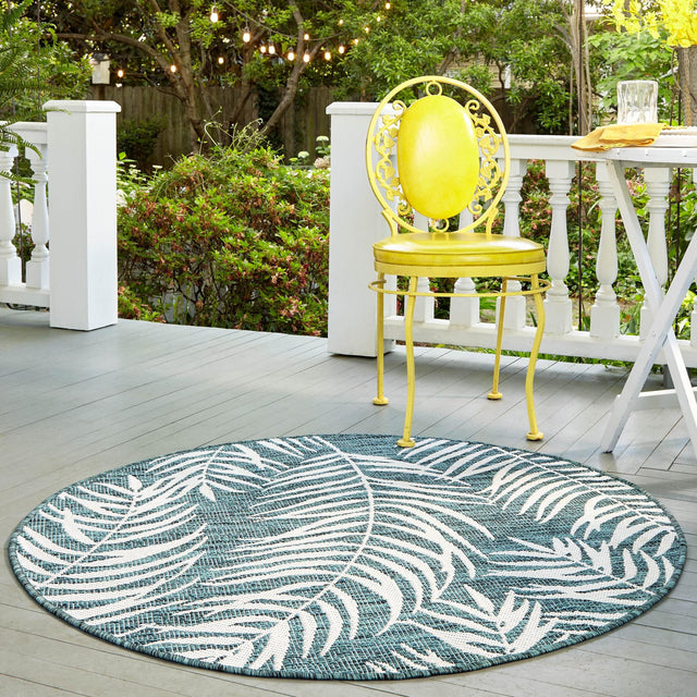Teal 6' 1 x 6' 1 Outdoor Botanical Round Area Rug Weather Resistant for Patio, Deck, Terrace, Balcony, Porch Polypropylene Garden Floral Tropical Carpet for Sale at Rug Engine