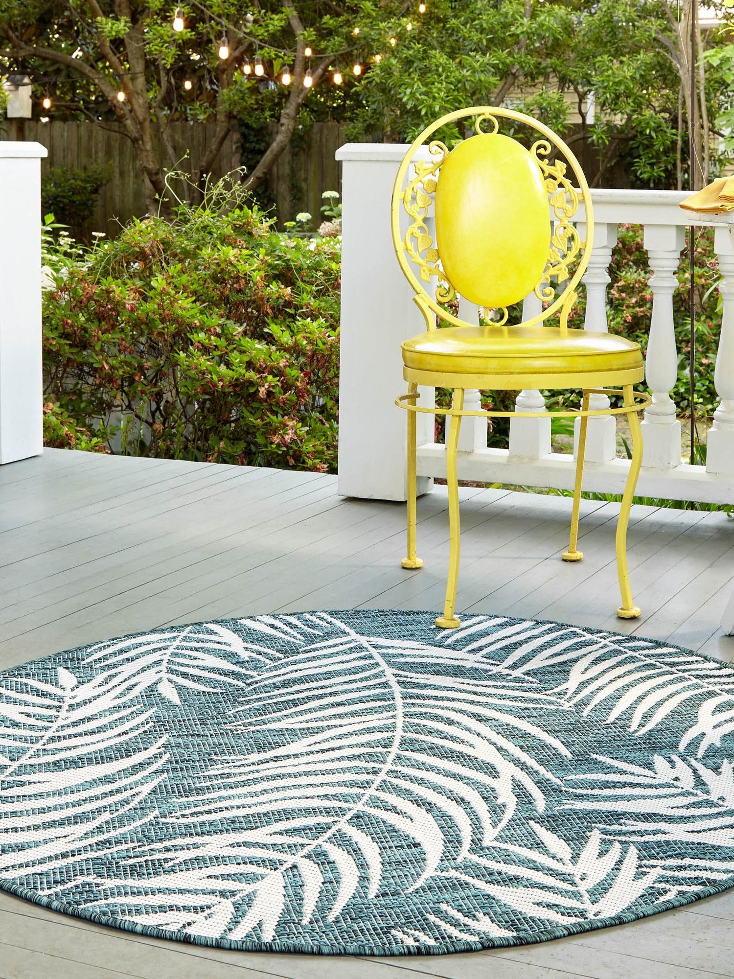 Teal 7' 10 x 7' 10 Outdoor Botanical Round Area Rug Weather Resistant for Patio, Deck, Terrace, Balcony, Porch Polypropylene Garden Floral Tropical Carpet for Sale at Rug Engine