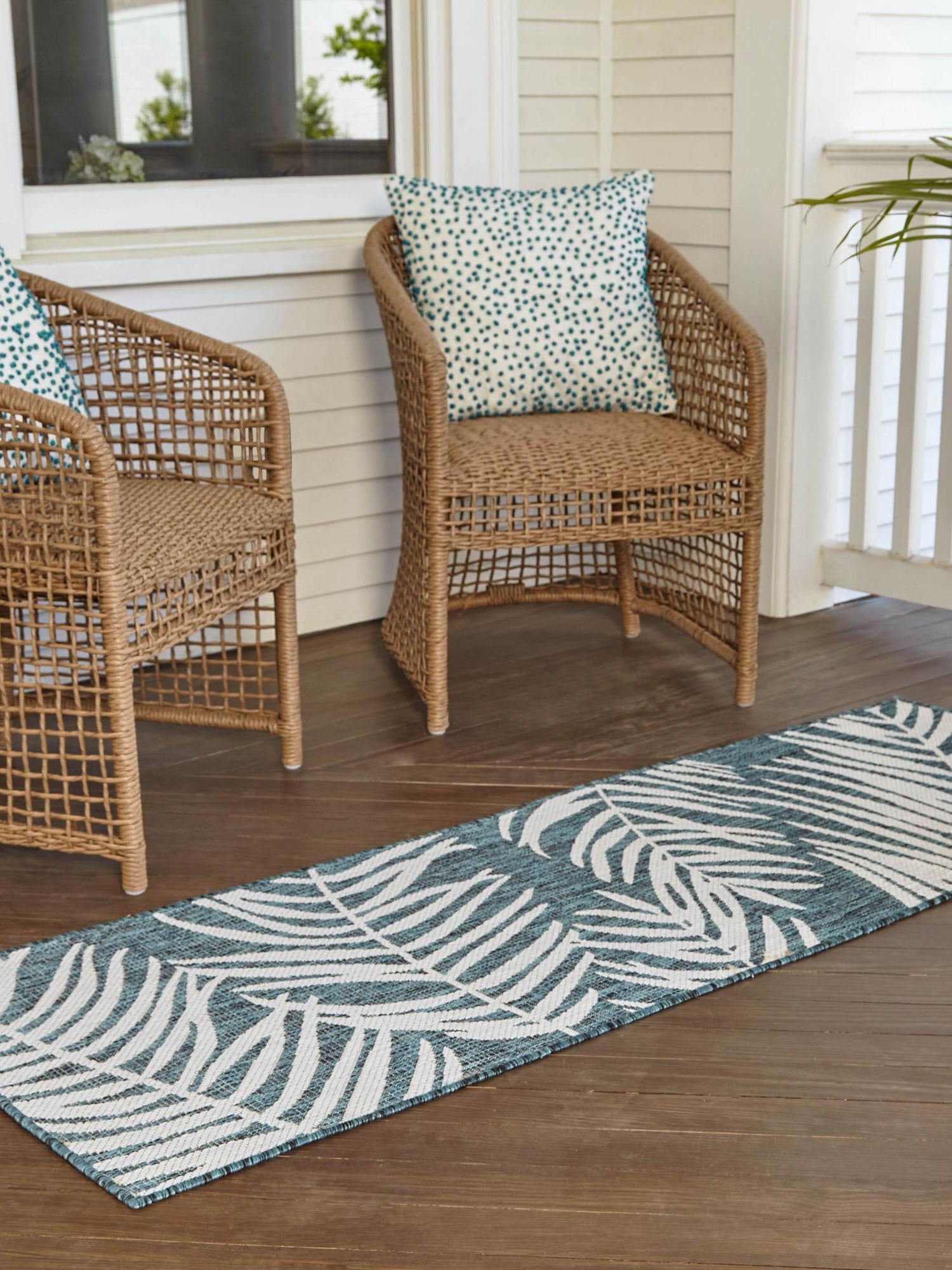 Teal 2' 7 x 10' Outdoor Botanical Runner Area Rug Weather Resistant for Patio, Deck, Terrace, Balcony, Porch Polypropylene Garden Floral Tropical Carpet for Sale at Rug Engine