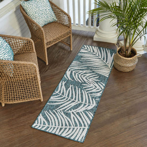 Teal 2' x 8' Outdoor Botanical Runner Area Rug Weather Resistant for Patio, Deck, Terrace, Balcony, Porch Polypropylene Garden Floral Tropical Carpet for Sale at Rug Engine