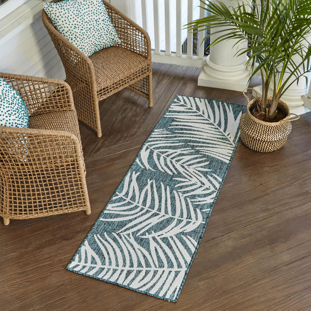 Teal 2' x 8' Outdoor Botanical Runner Area Rug Weather Resistant for Patio, Deck, Terrace, Balcony, Porch Polypropylene Garden Floral Tropical Carpet for Sale at Rug Engine