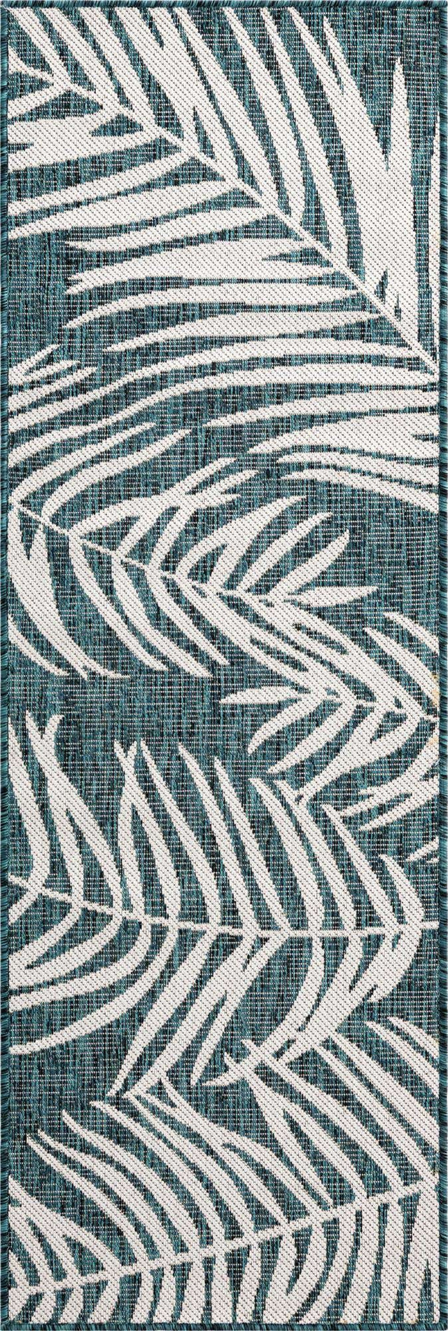 Teal 2' x 6' 1 Outdoor Botanical Runner Area Rug Weather Resistant for Patio, Deck, Terrace, Balcony, Porch Polypropylene Garden Floral Tropical Carpet for Sale at Rug Engine