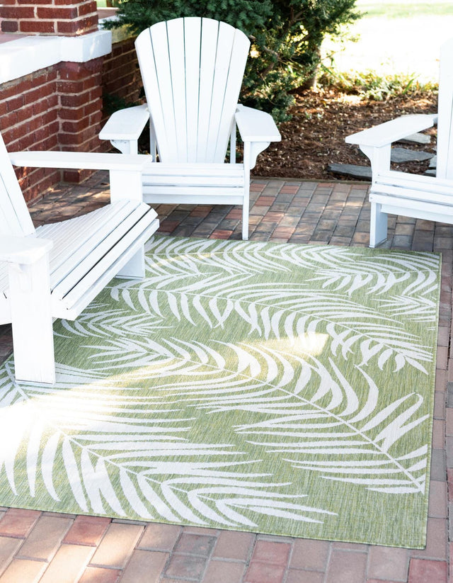 Green 7' 10 x 11' Outdoor Botanical Rectangle Area Rug Weather Resistant for Patio, Deck, Terrace, Balcony, Porch Polypropylene Garden Floral Tropical Carpet for Sale at Rug Engine