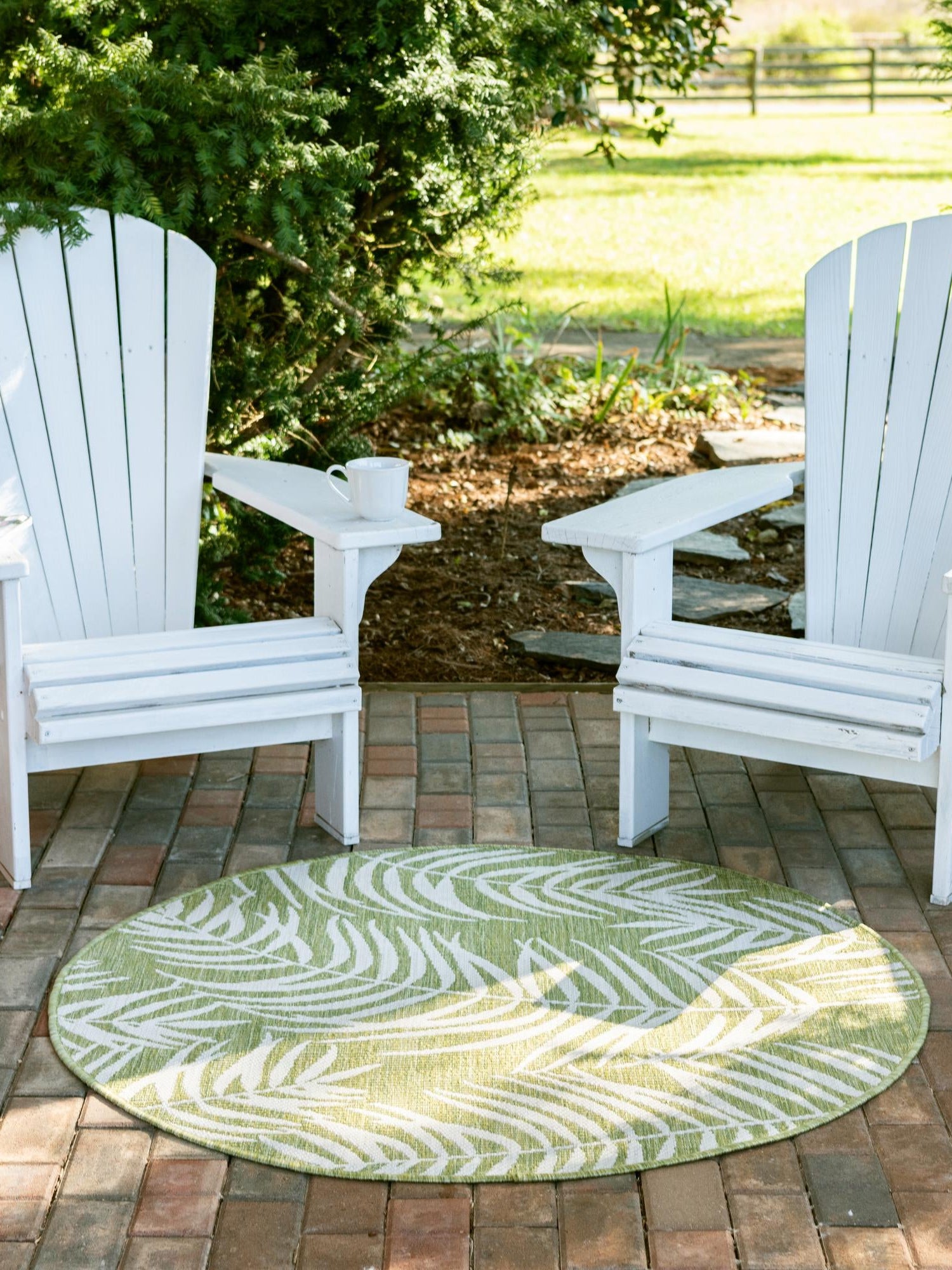 Green 7' 10 x 7' 10 Outdoor Botanical Round Area Rug Weather Resistant for Patio, Deck, Terrace, Balcony, Porch Polypropylene Garden Floral Tropical Carpet for Sale at Rug Engine