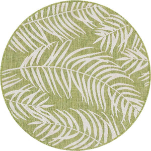 Green 4' 1 x 4' 1 Outdoor Botanical Round Area Rug Weather Resistant for Patio, Deck, Terrace, Balcony, Porch Polypropylene Garden Floral Tropical Carpet for Sale at Rug Engine
