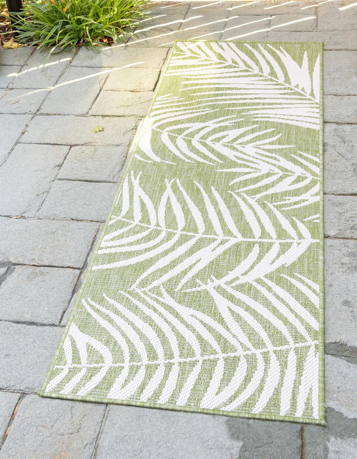 Green 2' x 8' Outdoor Botanical Runner Area Rug Weather Resistant for Patio, Deck, Terrace, Balcony, Porch Polypropylene Garden Floral Tropical Carpet for Sale at Rug Engine