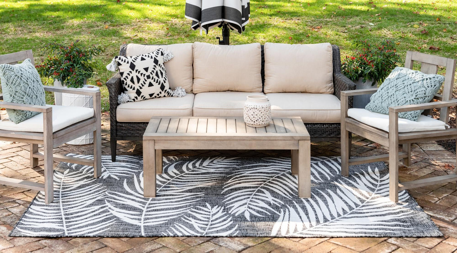 Charcoal 7' 10 x 11' Outdoor Botanical Rectangle Area Rug Weather Resistant for Patio, Deck, Terrace, Balcony, Porch Polypropylene Garden Floral Tropical Carpet for Sale at Rug Engine