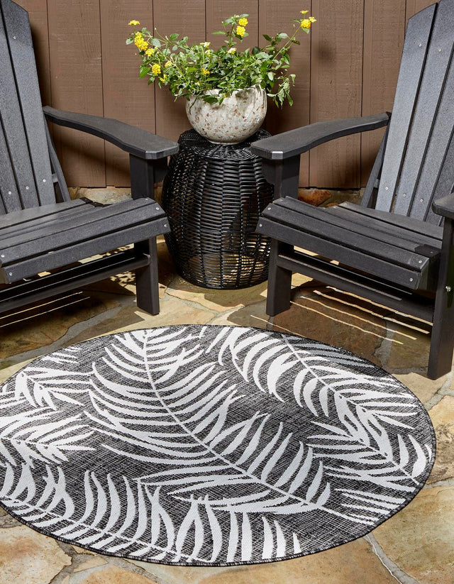 Charcoal 12' x 12' Outdoor Botanical Round Area Rug Weather Resistant for Patio, Deck, Terrace, Balcony, Porch Polypropylene Garden Floral Tropical Carpet for Sale at Rug Engine