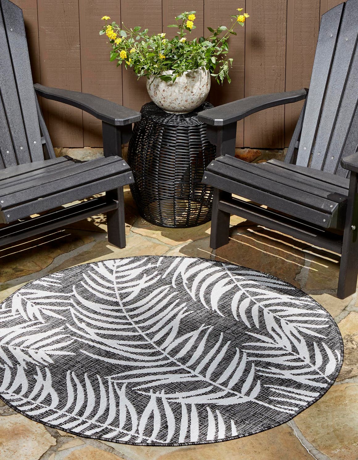 Charcoal 13' 1 x 13' 1 Outdoor Botanical Round Area Rug Weather Resistant for Patio, Deck, Terrace, Balcony, Porch Polypropylene Garden Floral Tropical Carpet for Sale at Rug Engine