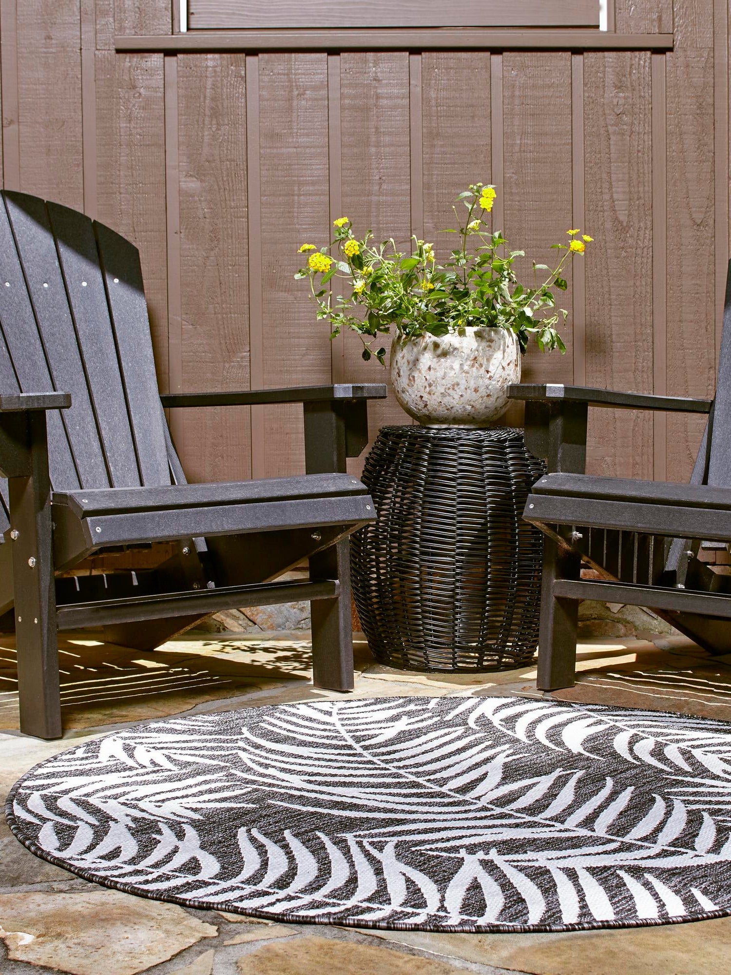 Charcoal 4' 1 x 4' 1 Outdoor Botanical Round Area Rug Weather Resistant for Patio, Deck, Terrace, Balcony, Porch Polypropylene Garden Floral Tropical Carpet for Sale at Rug Engine