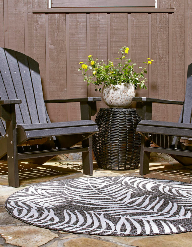 Charcoal 12' x 12' Outdoor Botanical Round Area Rug Weather Resistant for Patio, Deck, Terrace, Balcony, Porch Polypropylene Garden Floral Tropical Carpet for Sale at Rug Engine
