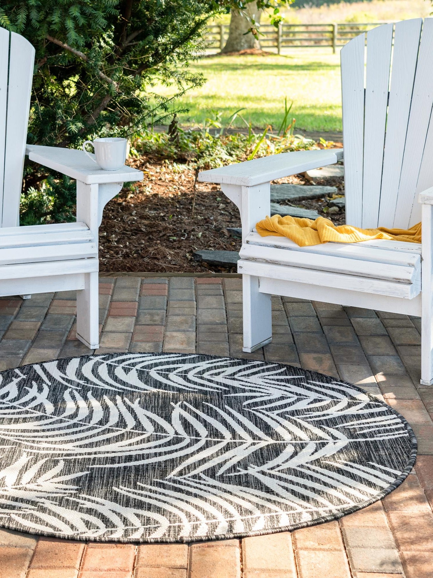 Charcoal 4' 1 x 4' 1 Outdoor Botanical Round Area Rug Weather Resistant for Patio, Deck, Terrace, Balcony, Porch Polypropylene Garden Floral Tropical Carpet for Sale at Rug Engine
