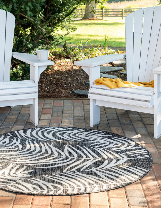 Charcoal 4' 1 x 4' 1 Outdoor Botanical Round Area Rug Weather Resistant for Patio, Deck, Terrace, Balcony, Porch Polypropylene Garden Floral Tropical Carpet for Sale at Rug Engine