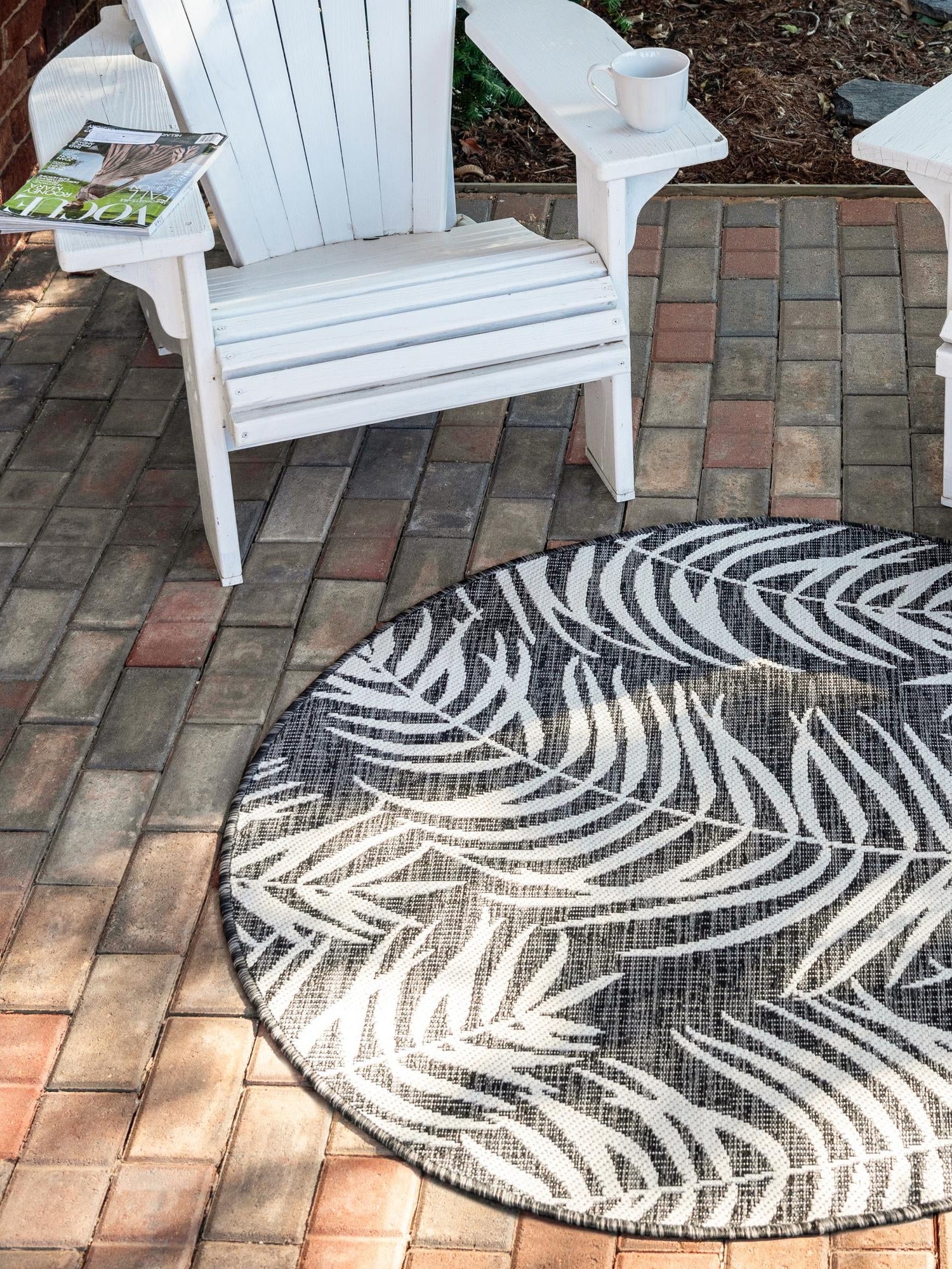 Charcoal 12' x 12' Outdoor Botanical Round Area Rug Weather Resistant for Patio, Deck, Terrace, Balcony, Porch Polypropylene Garden Floral Tropical Carpet for Sale at Rug Engine
