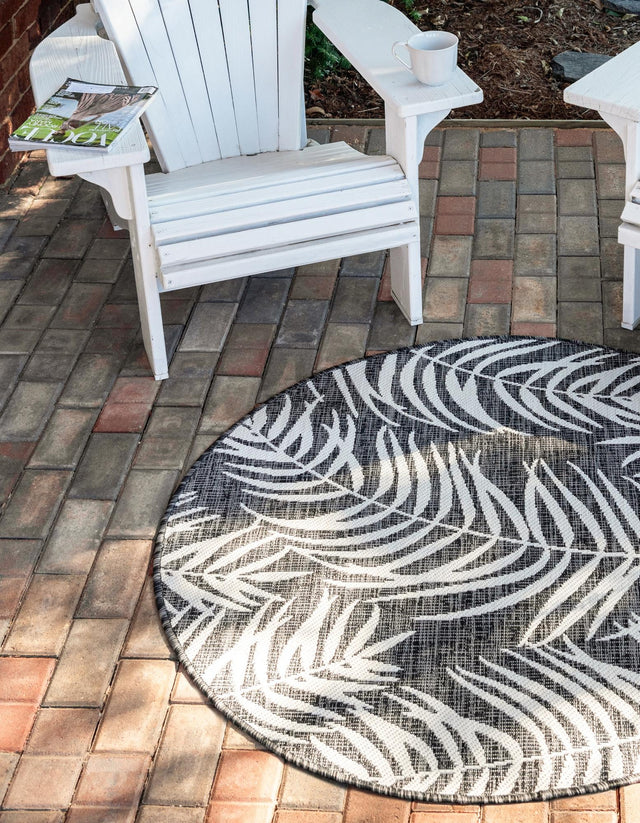 Charcoal 12' x 12' Outdoor Botanical Round Area Rug Weather Resistant for Patio, Deck, Terrace, Balcony, Porch Polypropylene Garden Floral Tropical Carpet for Sale at Rug Engine