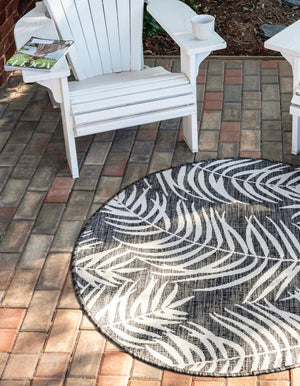 Charcoal 4' 1 x 4' 1 Outdoor Botanical Round Area Rug Weather Resistant for Patio, Deck, Terrace, Balcony, Porch Polypropylene Garden Floral Tropical Carpet for Sale at Rug Engine