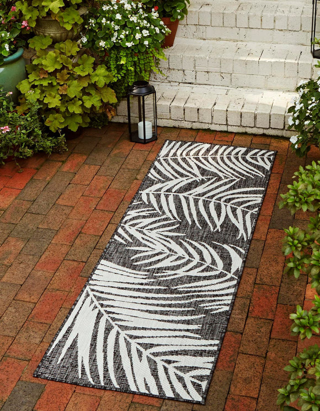 Charcoal 2' 7 x 10' Outdoor Botanical Runner Area Rug Weather Resistant for Patio, Deck, Terrace, Balcony, Porch Polypropylene Garden Floral Tropical Carpet for Sale at Rug Engine