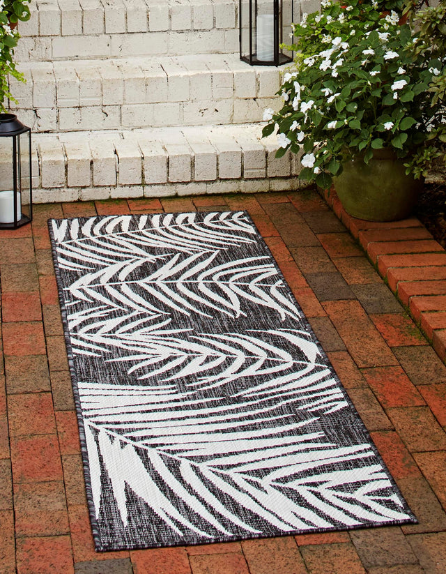 Charcoal 2' 7 x 10' Outdoor Botanical Runner Area Rug Weather Resistant for Patio, Deck, Terrace, Balcony, Porch Polypropylene Garden Floral Tropical Carpet for Sale at Rug Engine