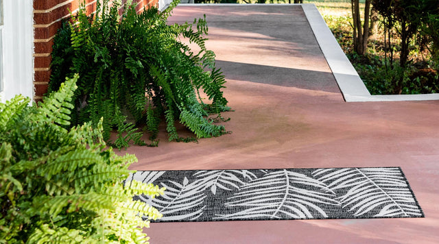 Charcoal 2' 7 x 10' Outdoor Botanical Runner Area Rug Weather Resistant for Patio, Deck, Terrace, Balcony, Porch Polypropylene Garden Floral Tropical Carpet for Sale at Rug Engine
