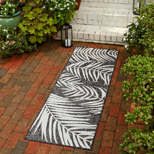 Charcoal 2' 7 x 10' Outdoor Botanical Runner Area Rug Weather Resistant for Patio, Deck, Terrace, Balcony, Porch Polypropylene Garden Floral Tropical Carpet for Sale at Rug Engine