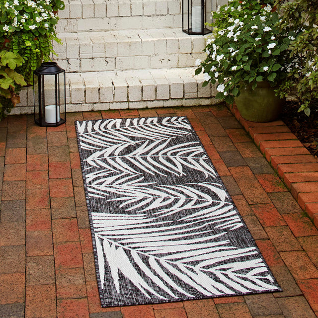 Charcoal 2' 7 x 10' Outdoor Botanical Runner Area Rug Weather Resistant for Patio, Deck, Terrace, Balcony, Porch Polypropylene Garden Floral Tropical Carpet for Sale at Rug Engine