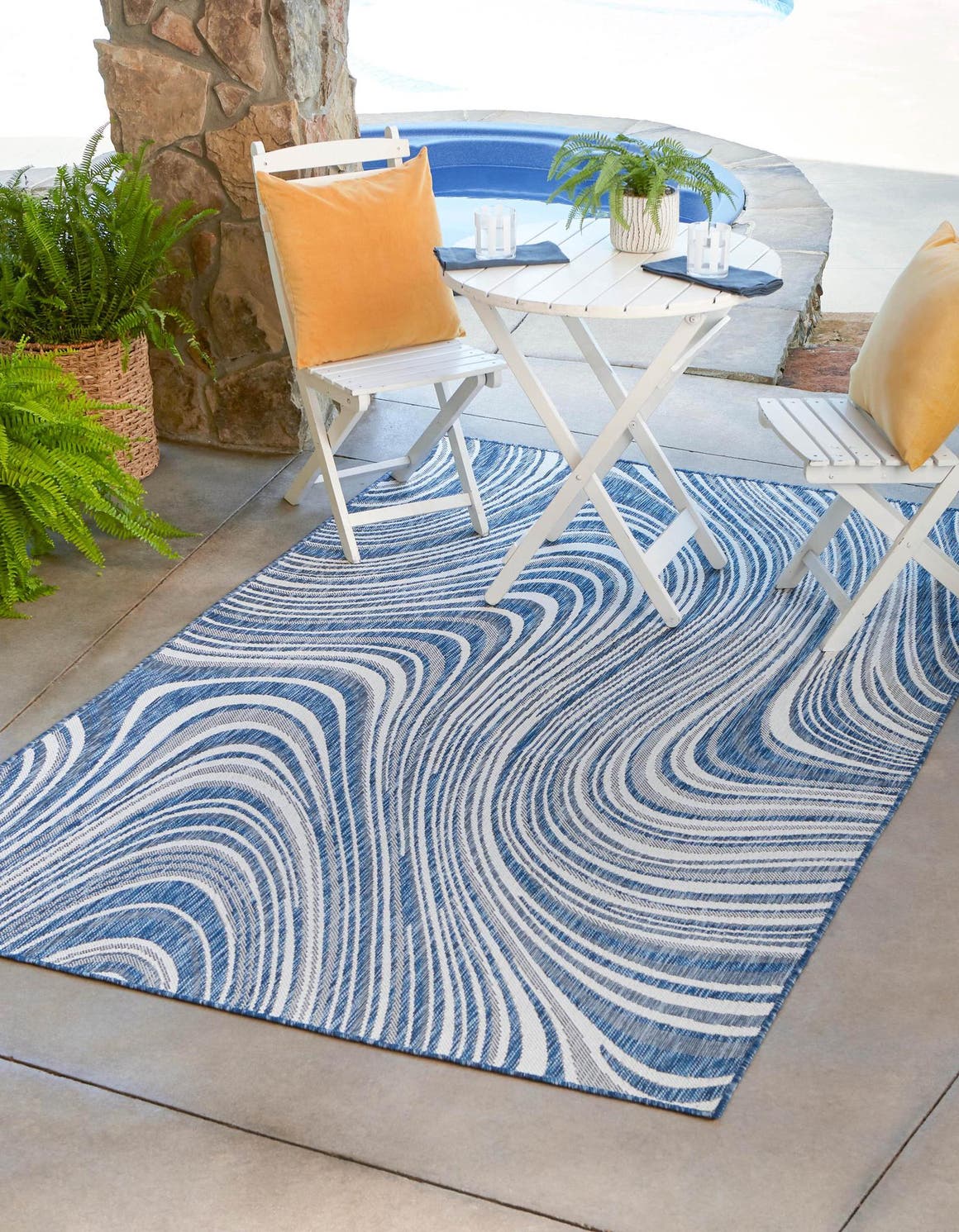 Blue 9' x 12' Outdoor Modern Rectangle Area Rug Weather Resistant for Patio, Deck, Terrace, Balcony, Porch 100% Polypropylene Modern Outside Carpet for Sale at Rug Engine