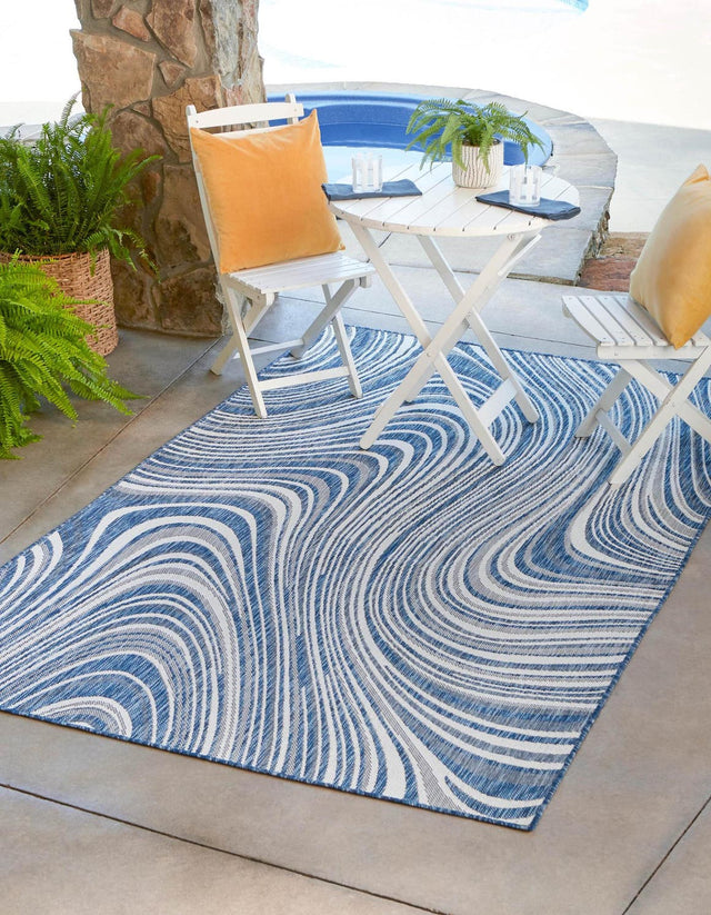 Blue 9' x 12' Outdoor Modern Rectangle Area Rug Weather Resistant for Patio, Deck, Terrace, Balcony, Porch 100% Polypropylene Modern Outside Carpet for Sale at Rug Engine