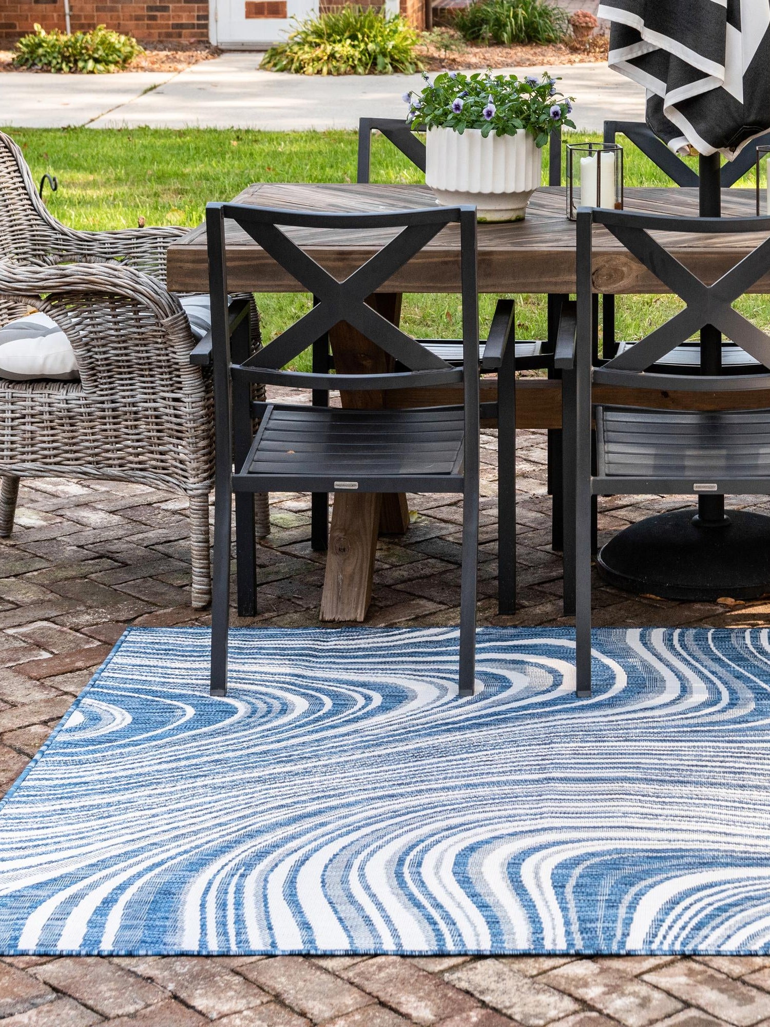 Blue 6' 1 x 9' Outdoor Modern Rectangle Area Rug Weather Resistant for Patio, Deck, Terrace, Balcony, Porch 100% Polypropylene Modern Outside Carpet for Sale at Rug Engine