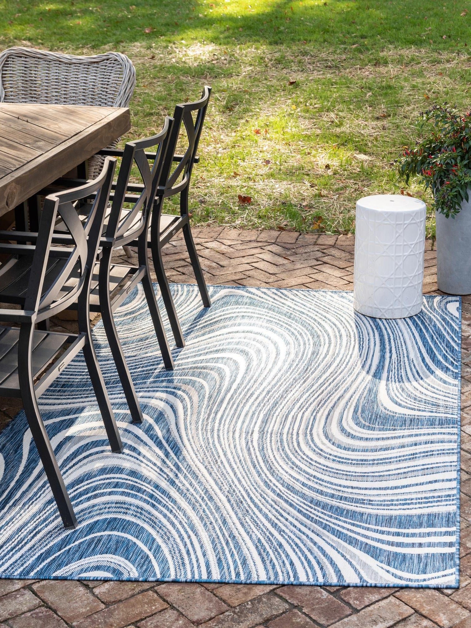 Blue 4' 1 x 6' 1 Outdoor Modern Rectangle Area Rug Weather Resistant for Patio, Deck, Terrace, Balcony, Porch 100% Polypropylene Modern Outside Carpet for Sale at Rug Engine