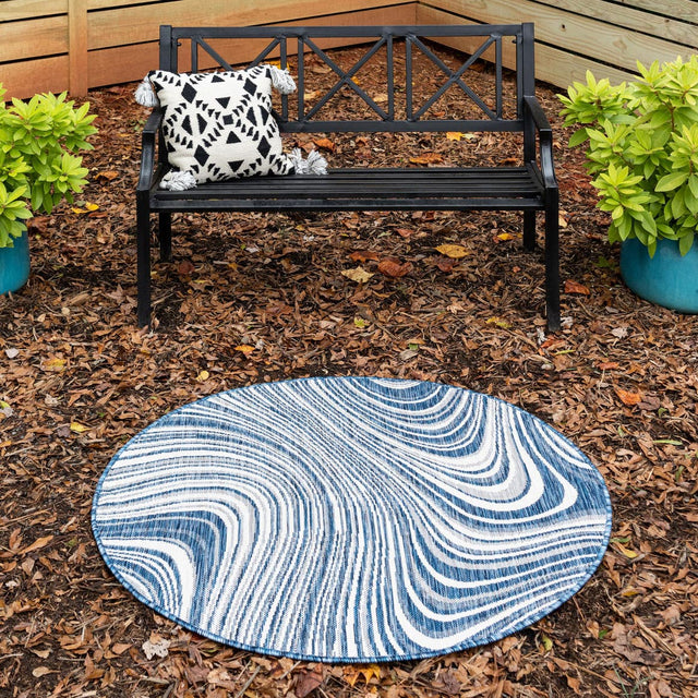Blue 4' 1 x 4' 1 Outdoor Modern Round Area Rug Weather Resistant for Patio, Deck, Terrace, Balcony, Porch 100% Polypropylene Modern Outside Carpet for Sale at Rug Engine