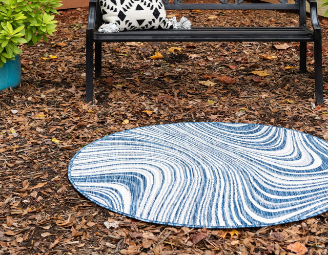 Blue 4' 1 x 4' 1 Outdoor Modern Round Area Rug Weather Resistant for Patio, Deck, Terrace, Balcony, Porch 100% Polypropylene Modern Outside Carpet for Sale at Rug Engine