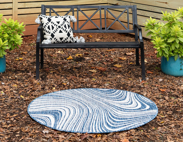 Blue 4' 1 x 4' 1 Outdoor Modern Round Area Rug Weather Resistant for Patio, Deck, Terrace, Balcony, Porch 100% Polypropylene Modern Outside Carpet for Sale at Rug Engine