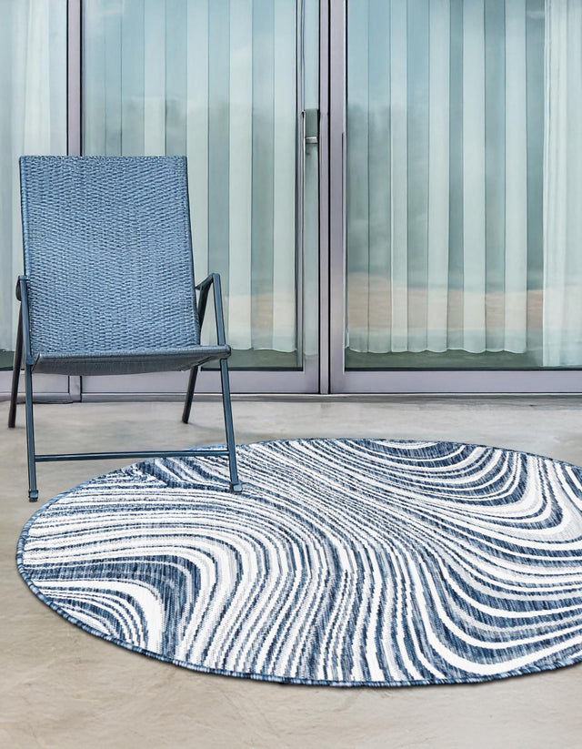 Blue 4' 1 x 4' 1 Outdoor Modern Round Area Rug Weather Resistant for Patio, Deck, Terrace, Balcony, Porch 100% Polypropylene Modern Outside Carpet for Sale at Rug Engine