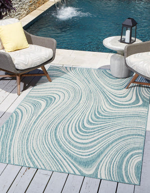 Light Aqua 9' x 12' Outdoor Modern Rectangle Area Rug Weather Resistant for Patio, Deck, Terrace, Balcony, Porch 100% Polypropylene Modern Outside Carpet for Sale at Rug Engine