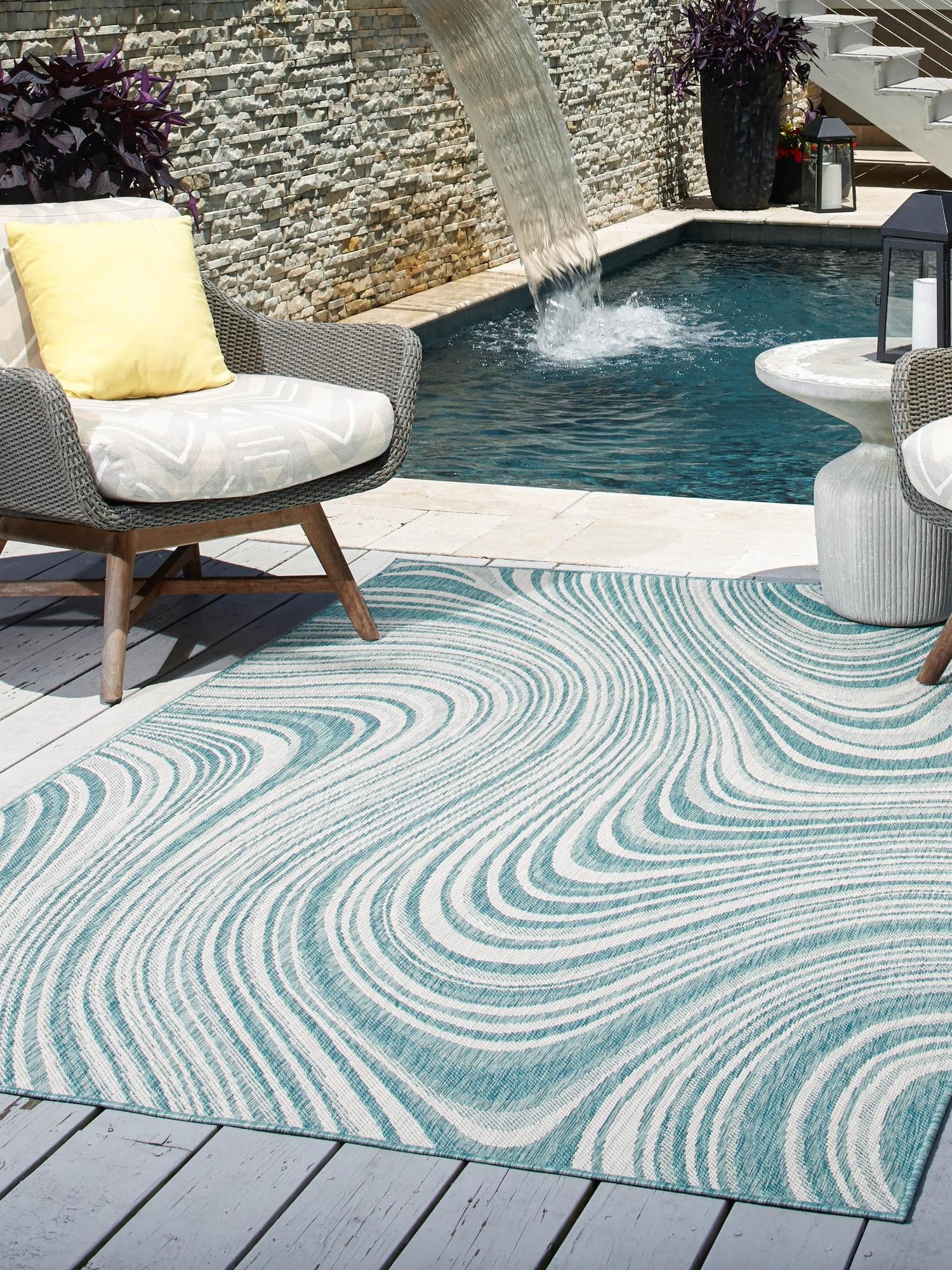 Light Aqua 4' 1 x 6' 1 Outdoor Modern Rectangle Area Rug Weather Resistant for Patio, Deck, Terrace, Balcony, Porch 100% Polypropylene Modern Outside Carpet for Sale at Rug Engine