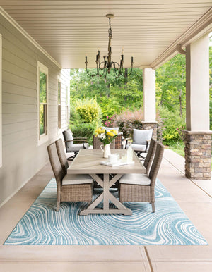Light Aqua 9' x 12' Outdoor Modern Rectangle Area Rug Weather Resistant for Patio, Deck, Terrace, Balcony, Porch 100% Polypropylene Modern Outside Carpet for Sale at Rug Engine