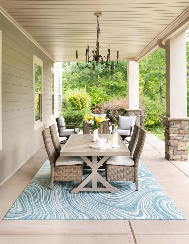 Light Aqua 9' x 12' Outdoor Modern Rectangle Area Rug Weather Resistant for Patio, Deck, Terrace, Balcony, Porch 100% Polypropylene Modern Outside Carpet for Sale at Rug Engine
