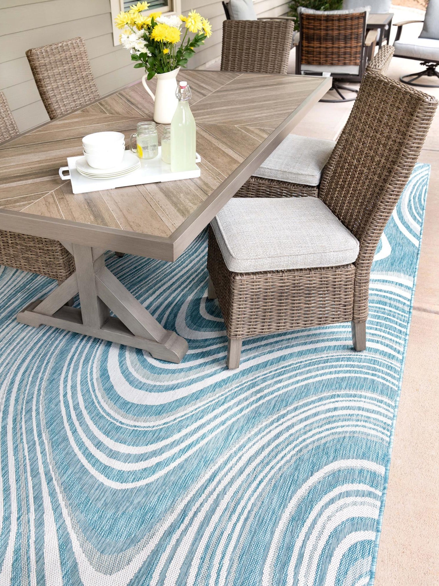 Light Aqua 4' 1 x 6' 1 Outdoor Modern Rectangle Area Rug Weather Resistant for Patio, Deck, Terrace, Balcony, Porch 100% Polypropylene Modern Outside Carpet for Sale at Rug Engine