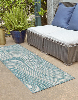 Light Aqua 2' x 6' 1 Outdoor Modern Runner Area Rug Weather Resistant for Patio, Deck, Terrace, Balcony, Porch