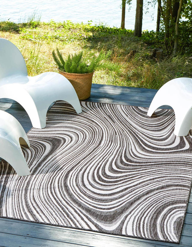Charcoal 4' 1 x 6' 1 Outdoor Modern Rectangle Area Rug Weather Resistant for Patio, Deck, Terrace, Balcony, Porch 100% Polypropylene Modern Outside Carpet for Sale at Rug Engine