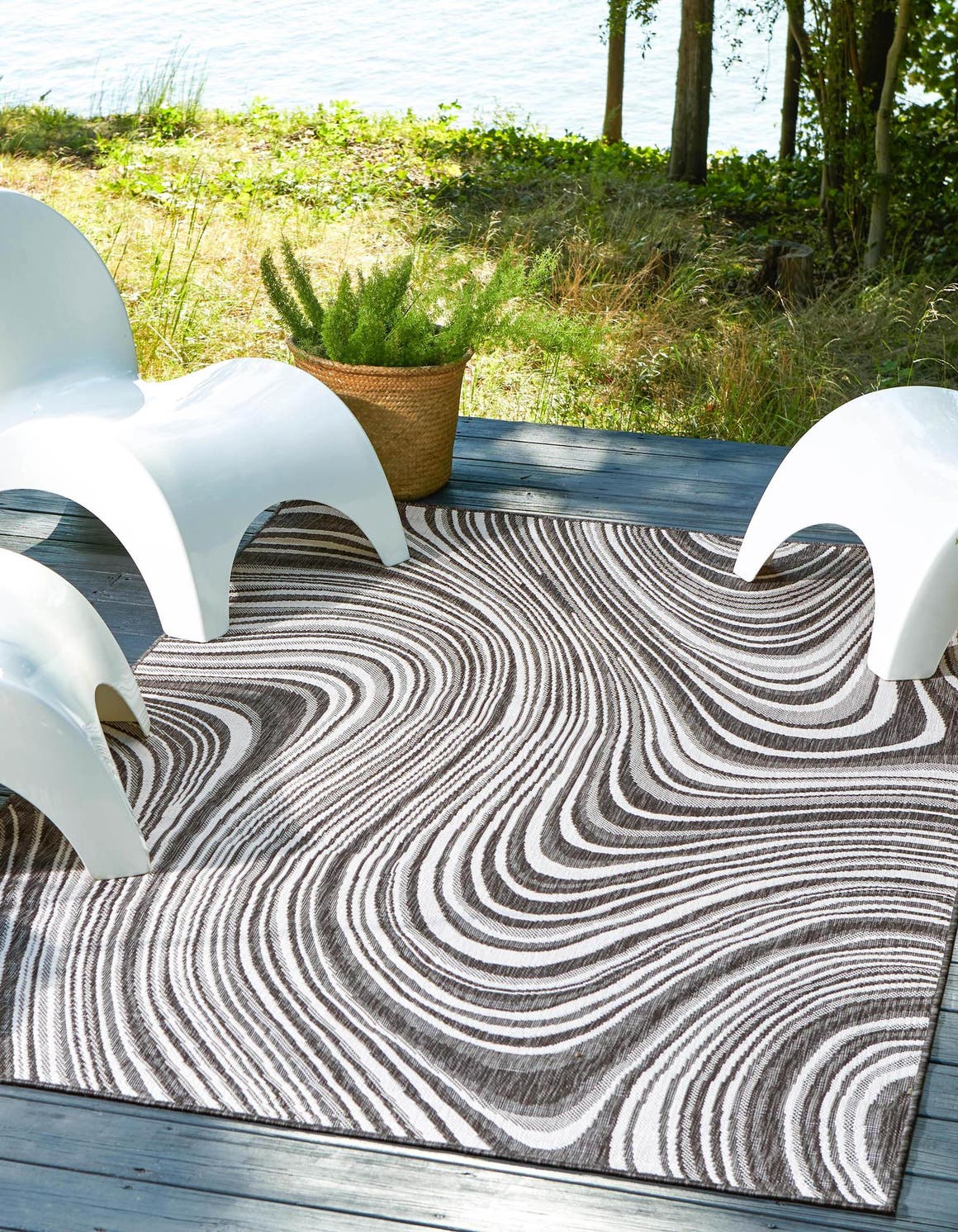 Charcoal 7' 1 x 10' Outdoor Modern Rectangle Area Rug Weather Resistant for Patio, Deck, Terrace, Balcony, Porch 100% Polypropylene Modern Outside Carpet for Sale at Rug Engine