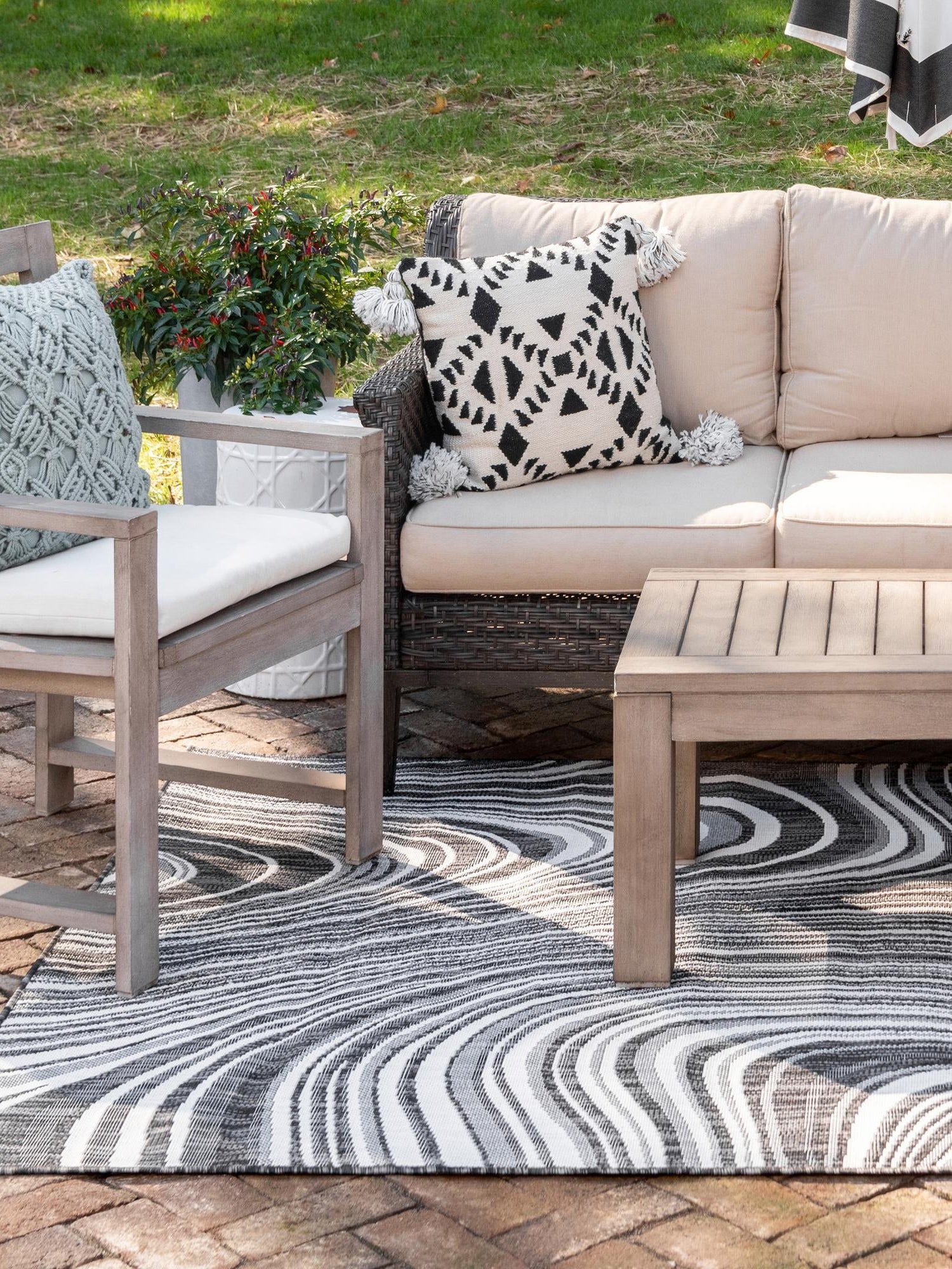 Charcoal 7' 1 x 10' Outdoor Modern Rectangle Area Rug Weather Resistant for Patio, Deck, Terrace, Balcony, Porch 100% Polypropylene Modern Outside Carpet for Sale at Rug Engine