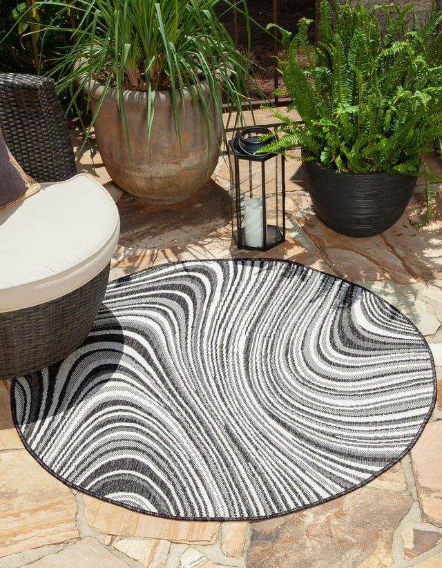 Charcoal 4' 1 x 4' 1 Outdoor Modern Round Area Rug Weather Resistant for Patio, Deck, Terrace, Balcony, Porch 100% Polypropylene Modern Outside Carpet for Sale at Rug Engine