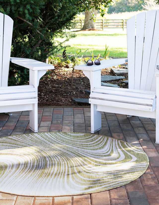 Green 4' 1 x 4' 1 Outdoor Modern Round Area Rug Weather Resistant for Patio, Deck, Terrace, Balcony, Porch 100% Polypropylene Modern Outside Carpet for Sale at Rug Engine