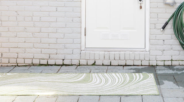 Green 2' x 6' 1 Outdoor Modern Runner Area Rug Weather Resistant for Patio, Deck, Terrace, Balcony, Porch 100% Polypropylene Modern Outside Carpet for Sale at Rug Engine