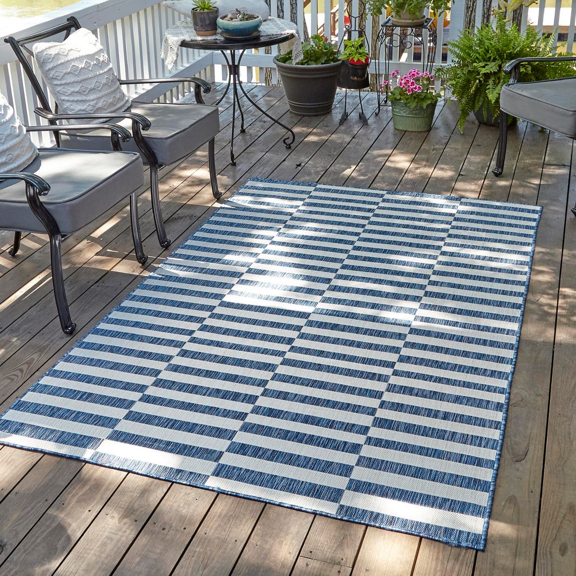 Blue 6' 1 x 9' Outdoor Striped Rectangle Area Rug Weather Resistant for Patio, Deck, Terrace, Balcony, Porch