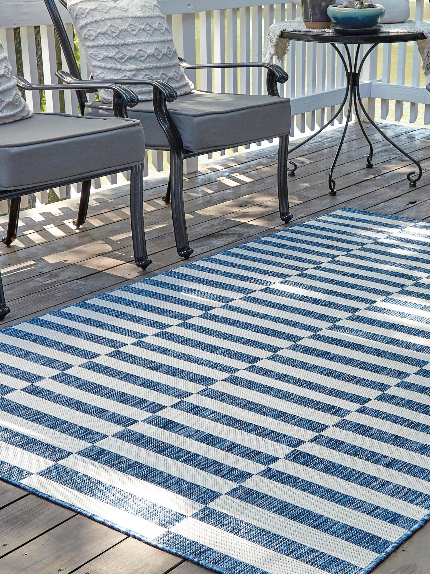 Blue 6' 1 x 9' Outdoor Striped Rectangle Area Rug Weather Resistant for Patio, Deck, Terrace, Balcony, Porch