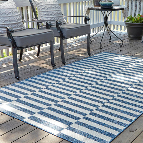 Blue 6' 1 x 9' Outdoor Striped Rectangle Area Rug Weather Resistant for Patio, Deck, Terrace, Balcony, Porch Geometric Pattern Waterproof Carpet for Sale at Rug Engine